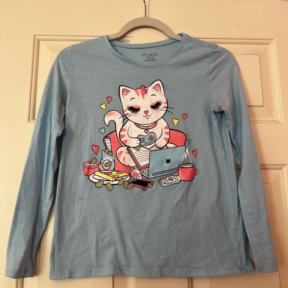 Girls Children's Place Blue Long Sleeve Tee with Cat Graphic